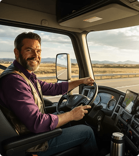Motorista no interior de um caminhão sorrindo para a câmera